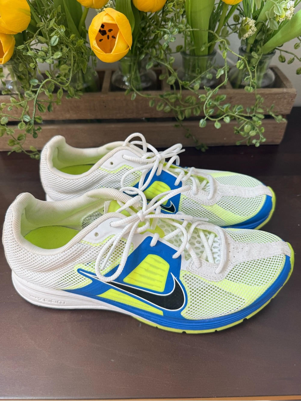 Nike Women’s White & Neon Yellow Running Shoes with Blue Accents